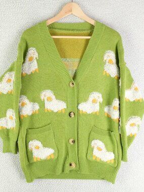 Handmade Cardigan Womens Large Green Sweater Animals Sheep Cottagecore Grandma